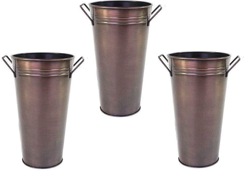 Hosley Set of 3 Antique Bronze Galvanized Floral Vases French Buckets with Handles 9 Inches High