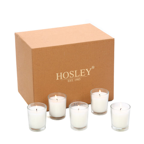 Hosley 48 Pack of Ivory, Unscented Clear Glass Filled Votive Candles