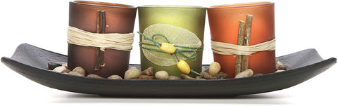 Hosley Natural Farm-House Tealight Candle Set of 3 Decorative Candle Holders Rocks and Tray 10 Inch Long