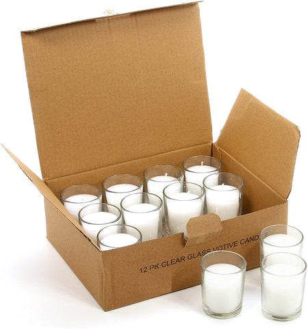 Hosley Set of 12, Unscented Glass White Wax Filled Votive Candles