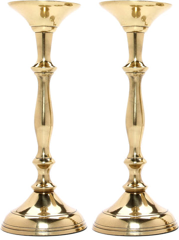 Hosley Set of 2 Gold Metal Pillar Candle, Taper Holders. 10 Inch High