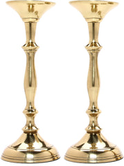 Hosley Set of 2 Gold Metal Pillar Candle, Taper Holders. 10 Inch High