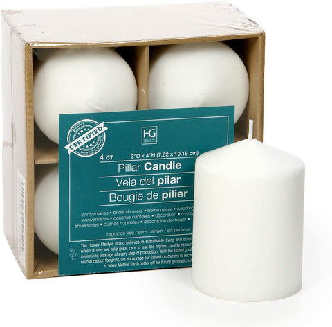 Hosley 3x4 High White Unscented Pillar Candles - Set of 4
