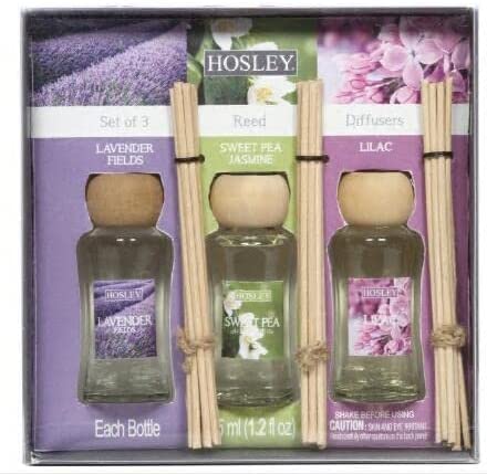 Hosley Premium Grade Set of 3 Reed Diffuser for Aromatherapy - Lavender Fields, Sweet Pea Jasmine, Lilac
