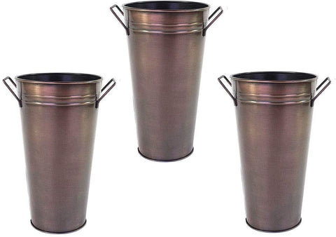 Hosley Set of 3 Antique Bronze Galvanized Floral Vases French Buckets with Handles 9 Inches High
