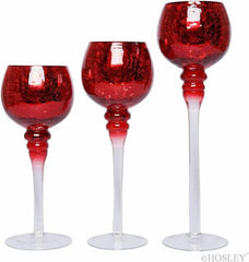 Hosley Set of 3 Red Crackle Glass Tealight Holders 12 Inch, 10 Inch, 9 Inch High