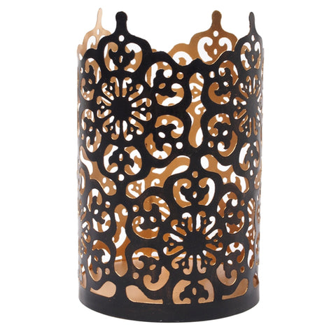 Hosley 7 inch High, Flower Cut Bronze Metal Pillar Candle Holder