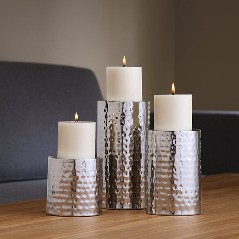 Hosley Set of 3, Silver Finished, Metal Pillar Holders Hand Hammered by Artisans