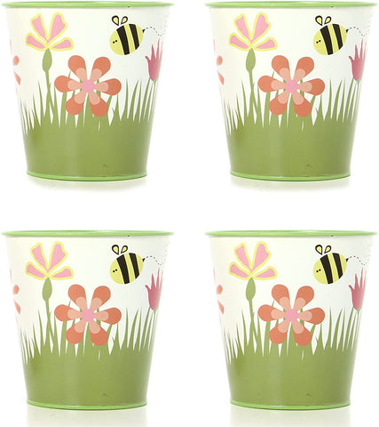 Hosley Set of 4, 5 inches High, Floral Bee Tin Metal Designer Planters