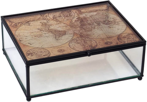Hosley 8.3 inch Long, Glass Brown Globe Map Pattern Storage Box