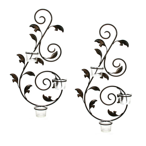 Hosley Set of 2 Black Iron Leaf Wall Sconce with Tealight Candle Holders