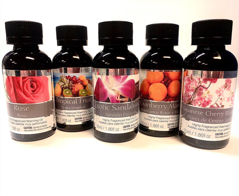 Hosley Set of 5 Assorted Fragrance Warming Oils 55ml Each-Japanese Cherry Blossom, Tropical Fruit, Cranberry Mandarin, Exotic Sandalwood, Rose