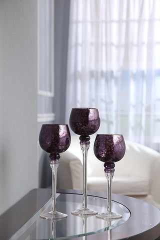 Hosley Set of 3, Crackle Purple Glass Tealight Candle Holders