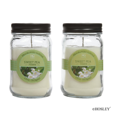 Hosley Set of 2, 11 oz. Sweet Pea Jasmine Scented Mason Jar Candles