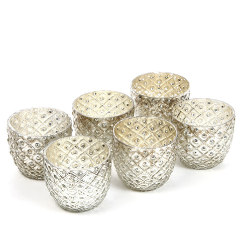 Hosley Set of 6, 2.75 Diameter, Metallic Silver Glass Votive Holders