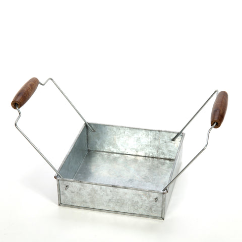 Hosley 7 inch High, Galvanized Silver Square Tray with Wooden Handles