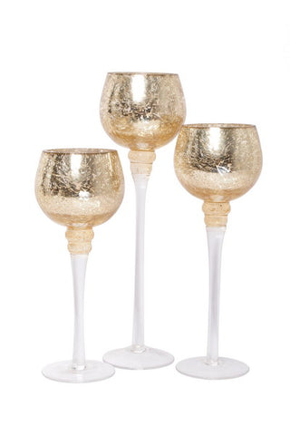 Hosley Set of 3 Crackle Gold Glass Tealight Holders 9 Inches 10 Inches and 12 Inches High